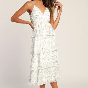 Lulus Petal Party White Floral Print Plisse Surplice Tiered Midi Dress Small NWT